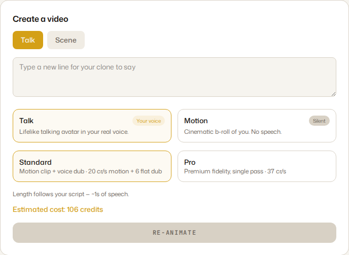 Choose Talk to speak your script, or Scene to build a silent motion clip.